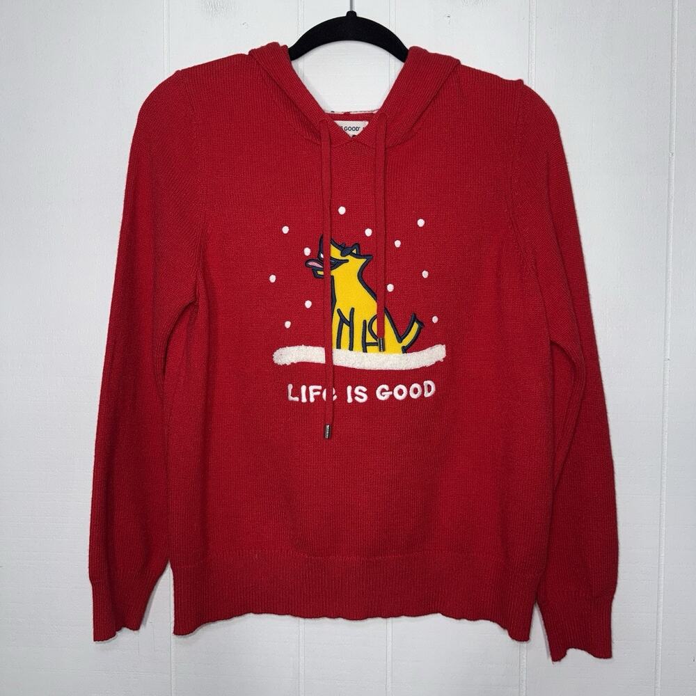 Life Is Good Women’s Red Snow Dog Hoodie Sweater Size Small